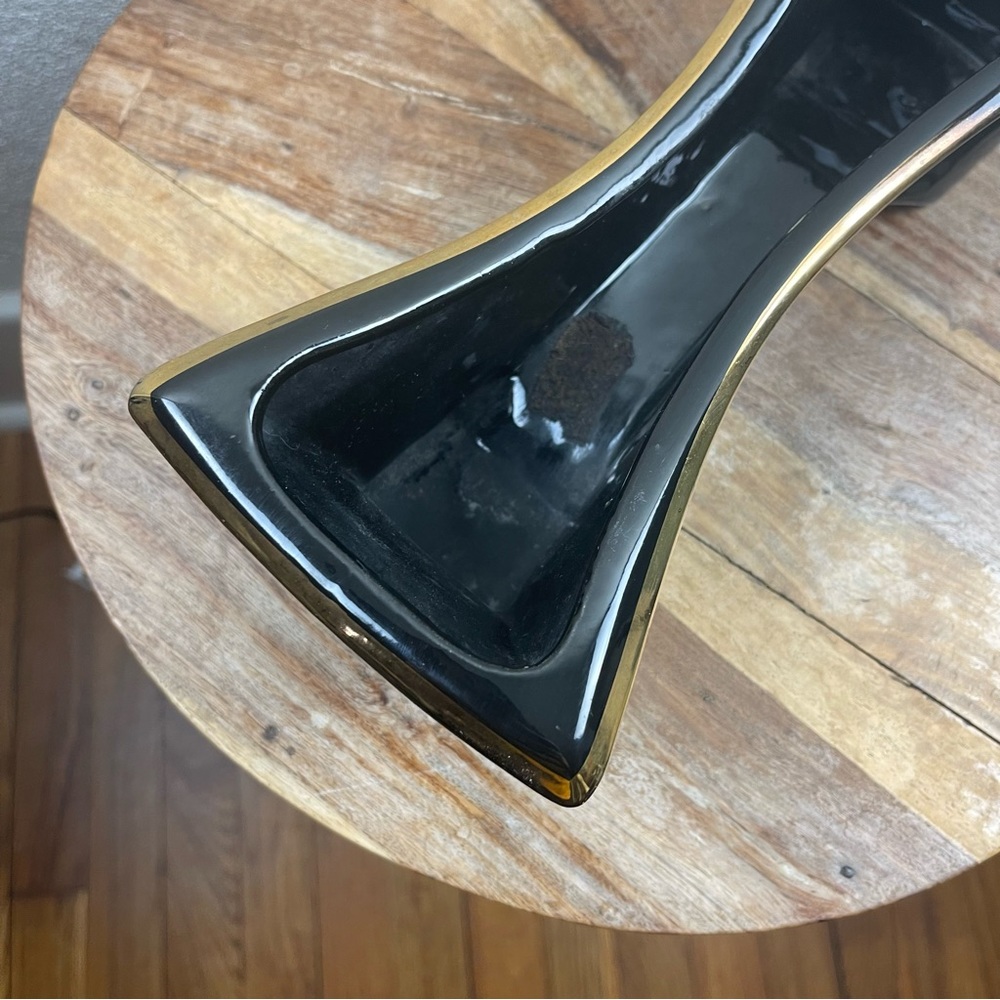 Vintage l 50s Mid-Century Mod Kitsch Glossy Black Gold Trim Long Footed Planter - Picture 10 of 15